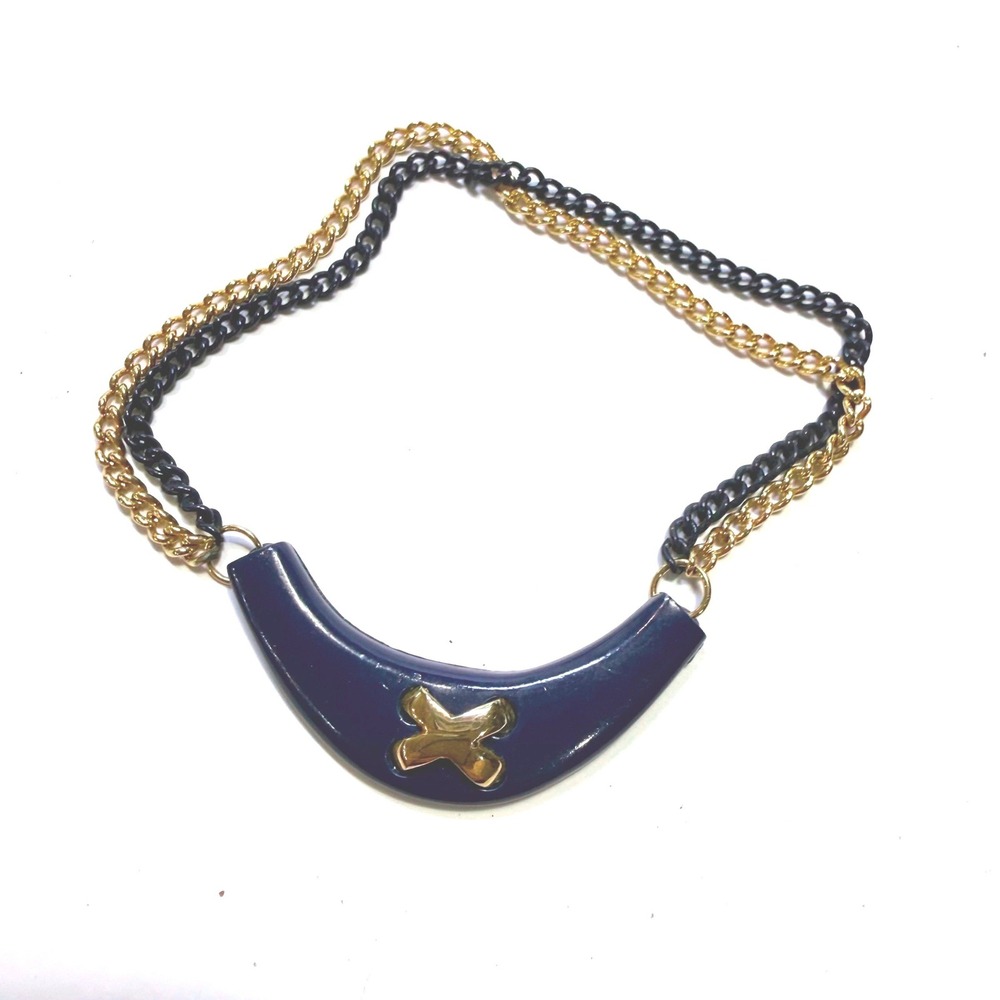 Vintage Navy Blue Gold X Crescent Bib Necklace Double Strand Chain Statement